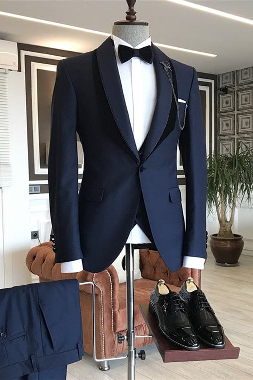 One Button Navy Blue Shawl Lapel Wedding Groom Suits | Ballbellas Ballbellas