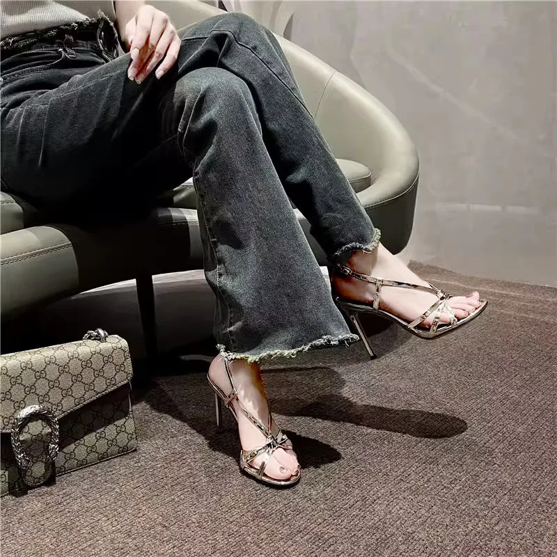 Breakj Breakj Women 2025 New Golden High-Heeled Sandals Dew With Buckle Heel Dress High Heels Fairy Wind