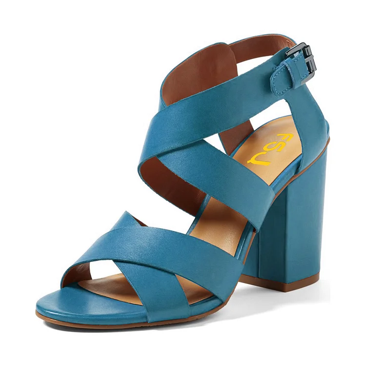 Blue Block Heel Sandals Open Toe Comfortable Shoes |FSJ Shoes