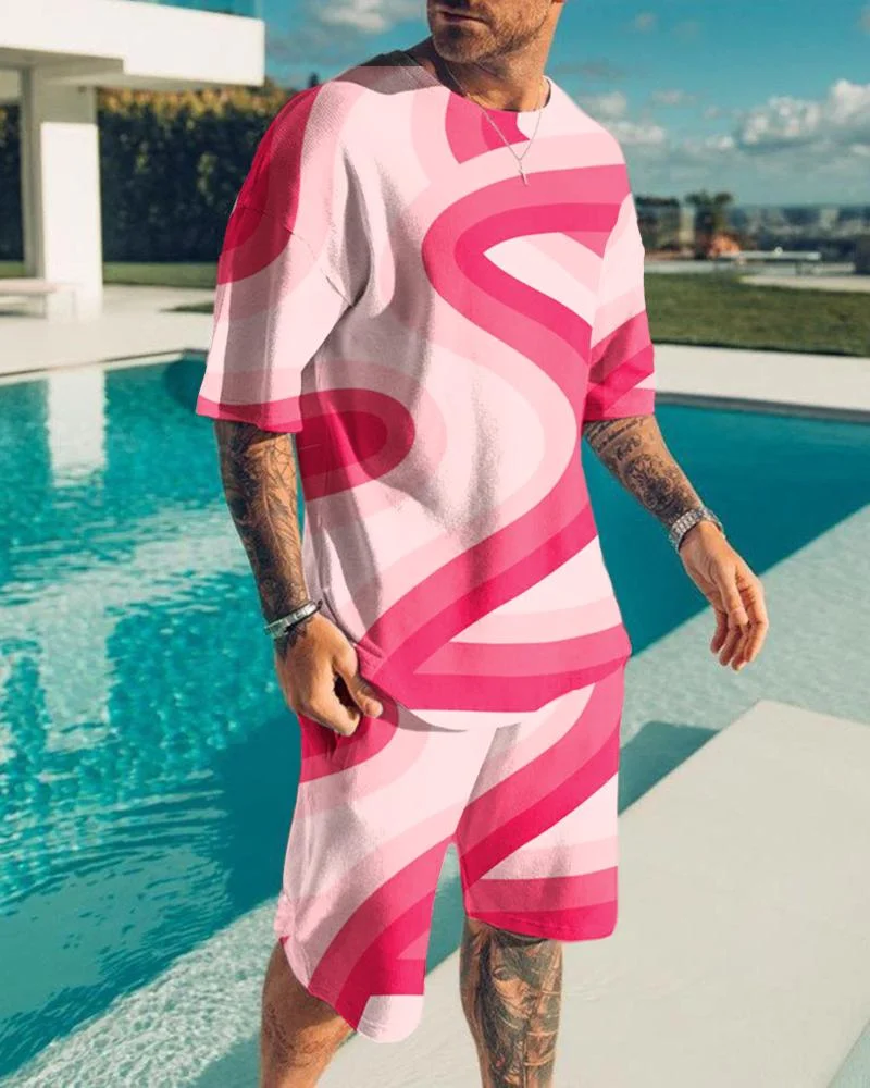 Casual Men's Pink Line Printing Suit