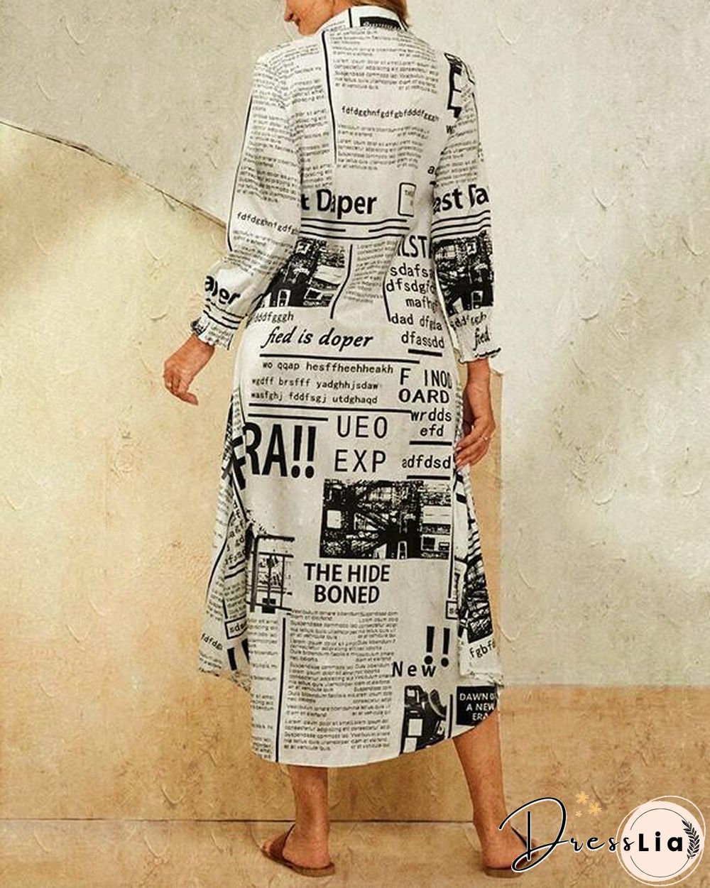 Leaves Print Lapel Button Long Sleeve Maxi Shirt Dress
