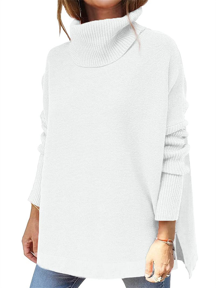 Women's High Neck Oversized Sweater, Mid Length Batwing Sleeve Split Sweater