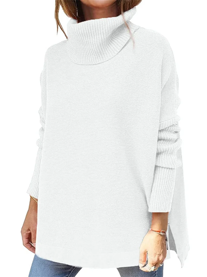 Women's High Neck Oversized Sweater, Mid Length Batwing Sleeve Split Sweater-JRSEE