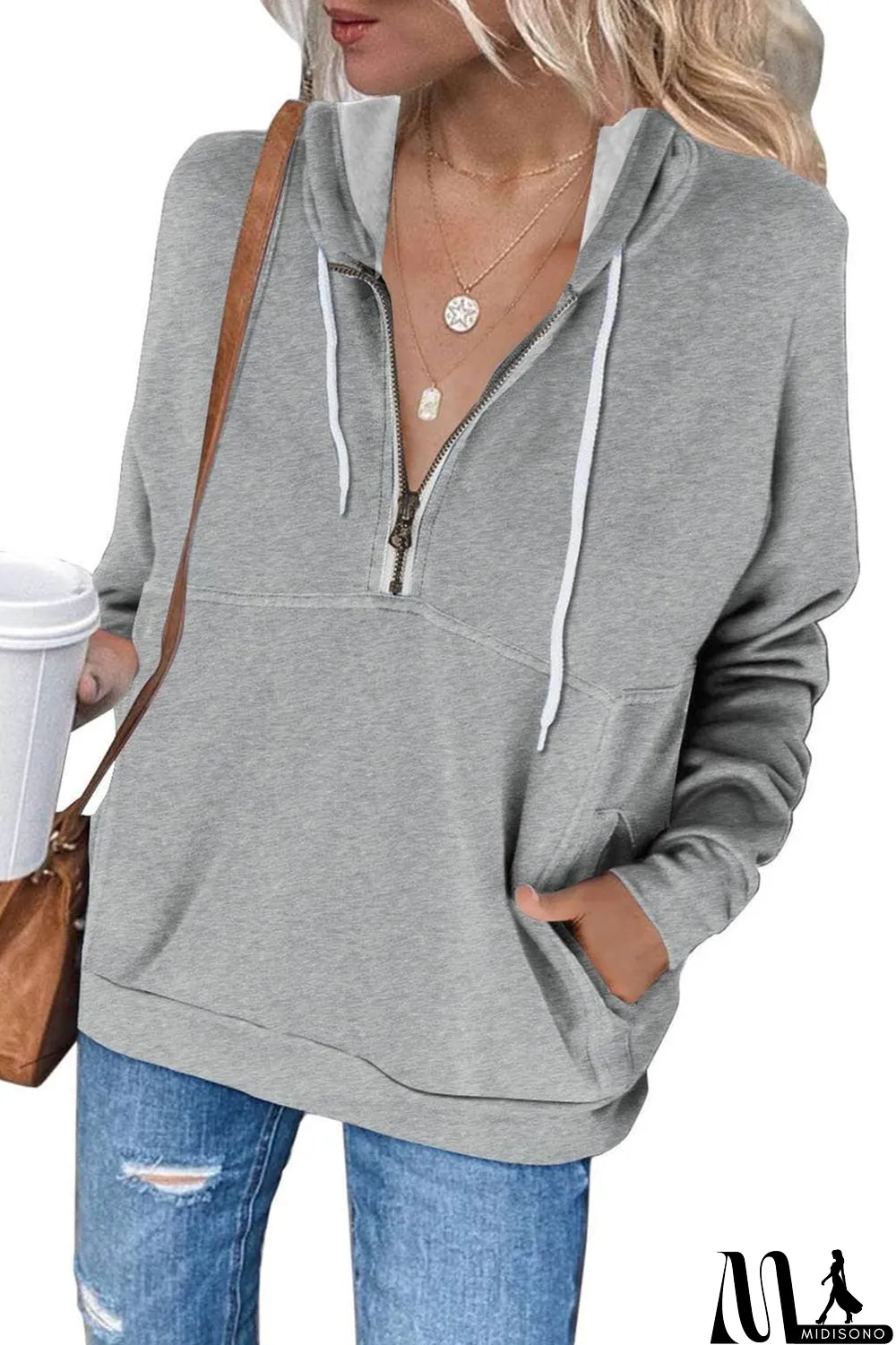 MidiSono - Gray Half Zip Long Sleeve Hoodie with Pocket
