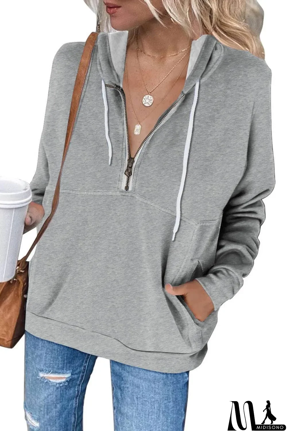 MidiSono - Gray Half Zip Long Sleeve Hoodie with Pocket