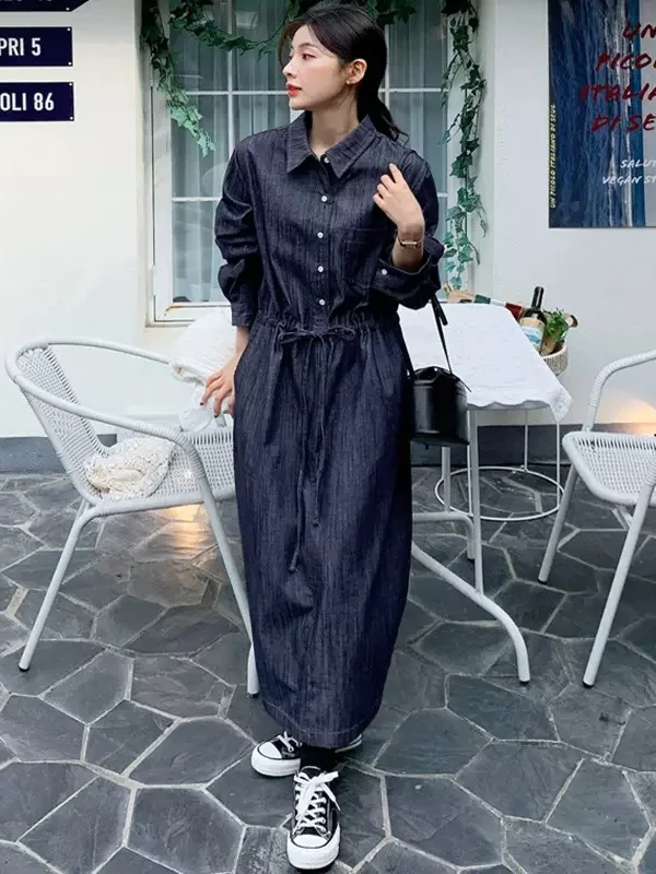 Elegant Denim Long Sleeve Maxi Dress