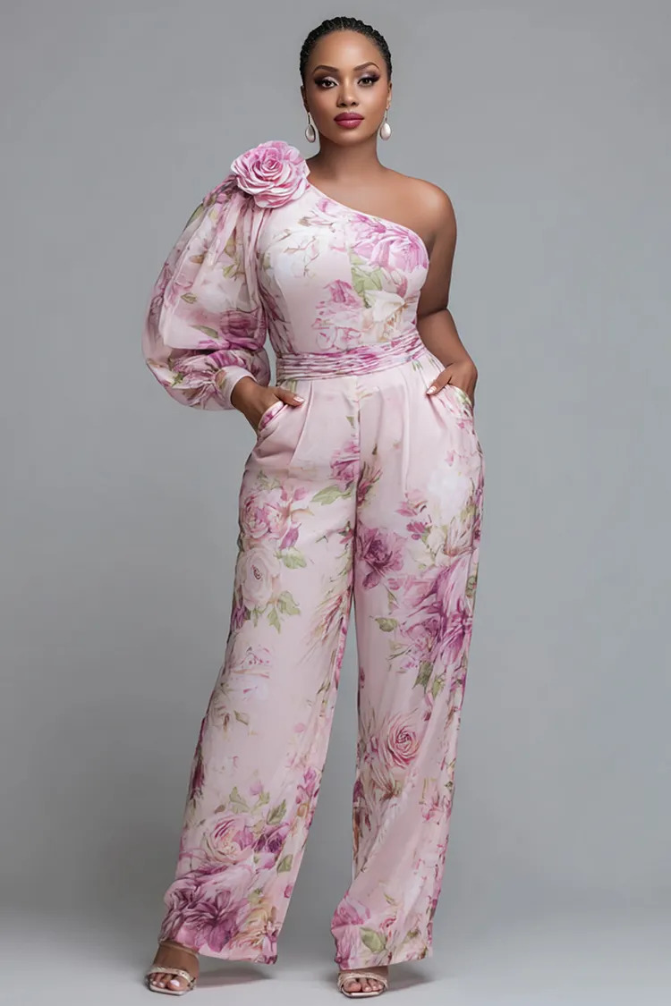 Xpluswear Design Plus Size Cocktail Party Pink Floral Oblique Collar One Shoulder Long Sleeve Pocket 3D Jumpsuits [Pre-Order] 2024 - Xpluswear