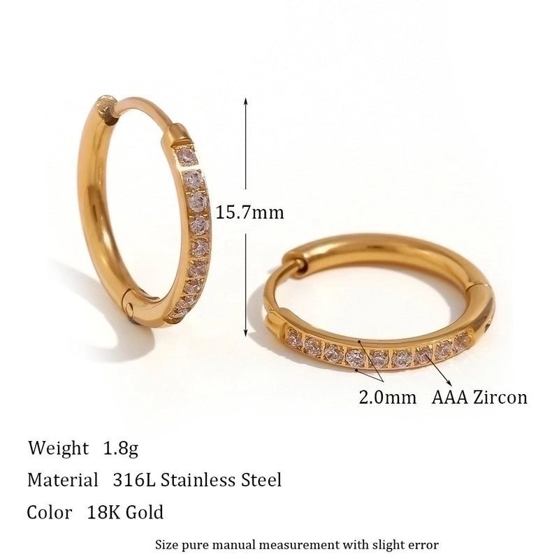 1 Pair Minimalist Round Solid Color Plating Inlay 304 Stainless Steel Zircon 18K Gold Plated Hoop Earrings