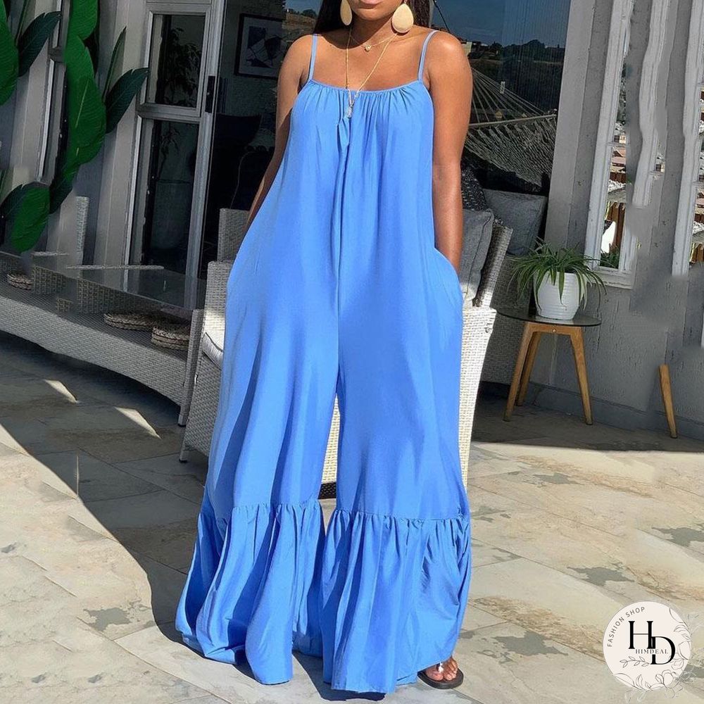 New Loose Jumpsuits & Rompers Women Spaghetti Strap Flare Pants Fashion High Street Wear Clothes Long Rompers & Overalls