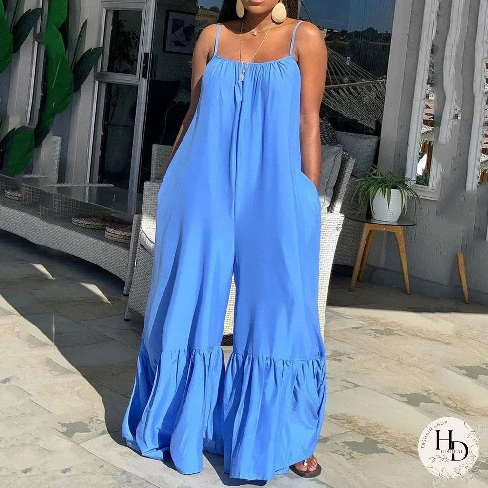 New Loose Jumpsuits & Rompers Women Spaghetti Strap Flare Pants Fashion High Street Wear Clothes Long Rompers & Overalls