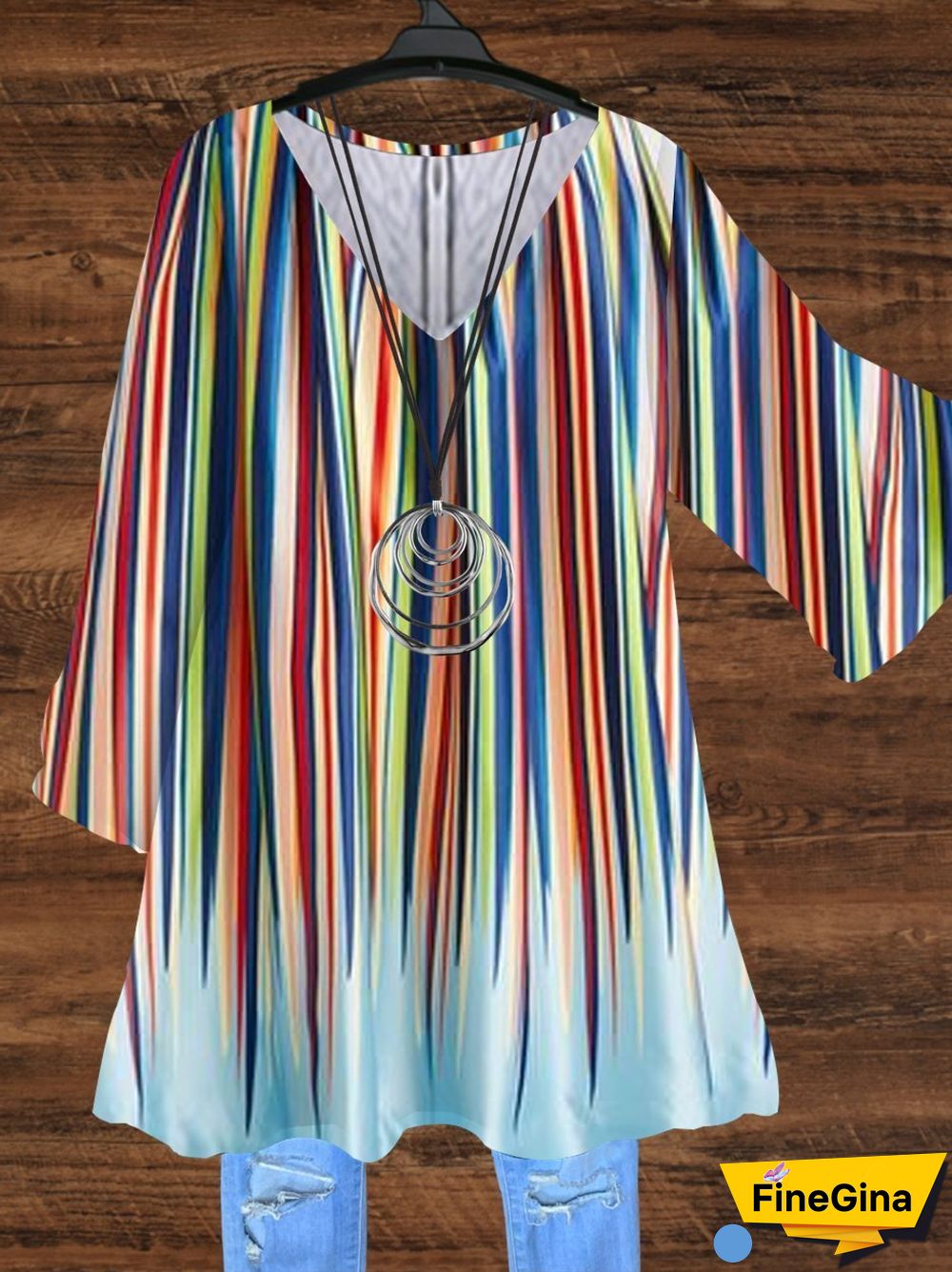 Women Half Sleeve V-neck Striped Printed Tops Dress