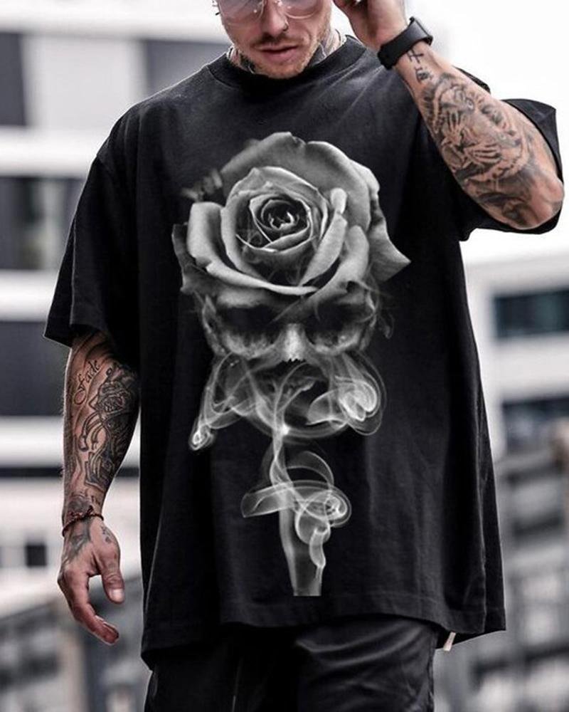 Men's Fashion Print Simple Black Floral T-shirt