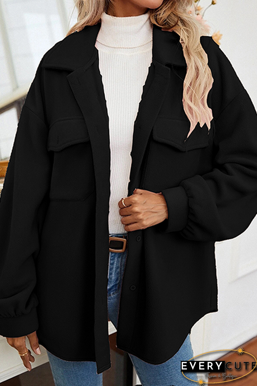 Elegant Solid Pocket Buckle Turndown Collar Outerwear