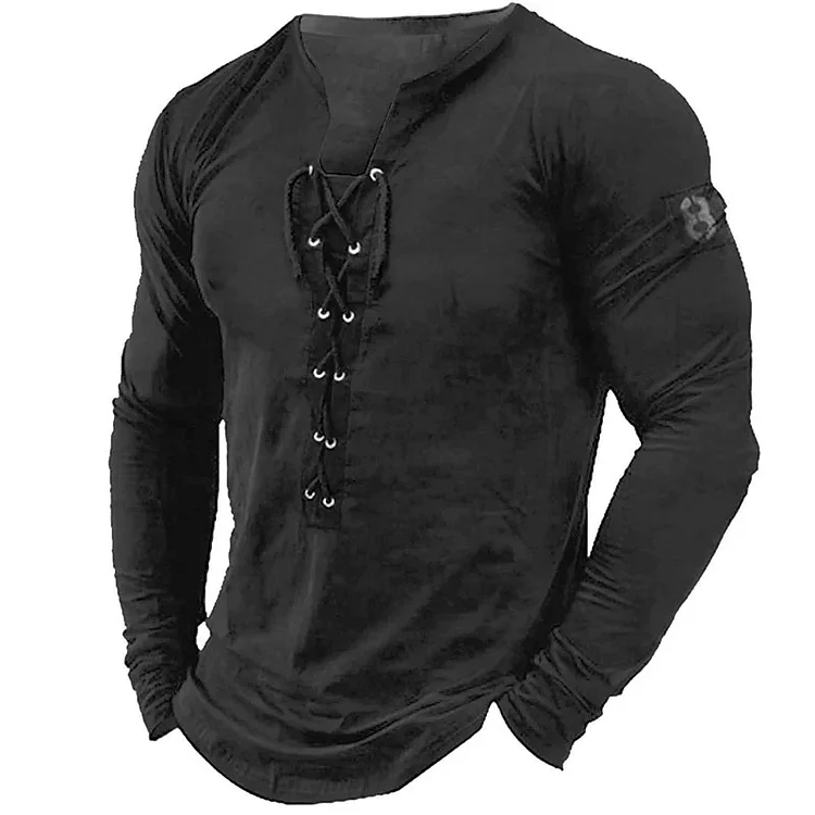 BrosWear Retro Strappy Khaki Casual Long Sleeve T-Shirt
