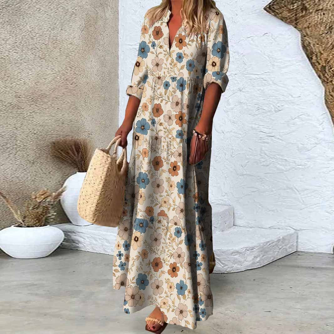 Women Floral, Khaki, Blue DZDN1131 SPU Printed Long Sleeve V-neck Maxi Dress