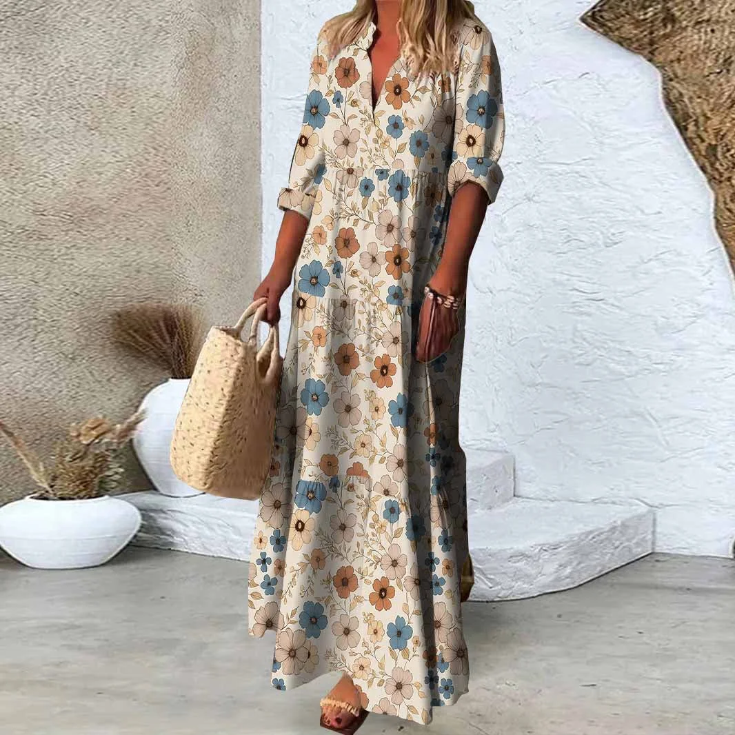 Women Floral, Khaki, Blue DZDN1131 SPU Printed Long Sleeve V-neck Maxi Dress