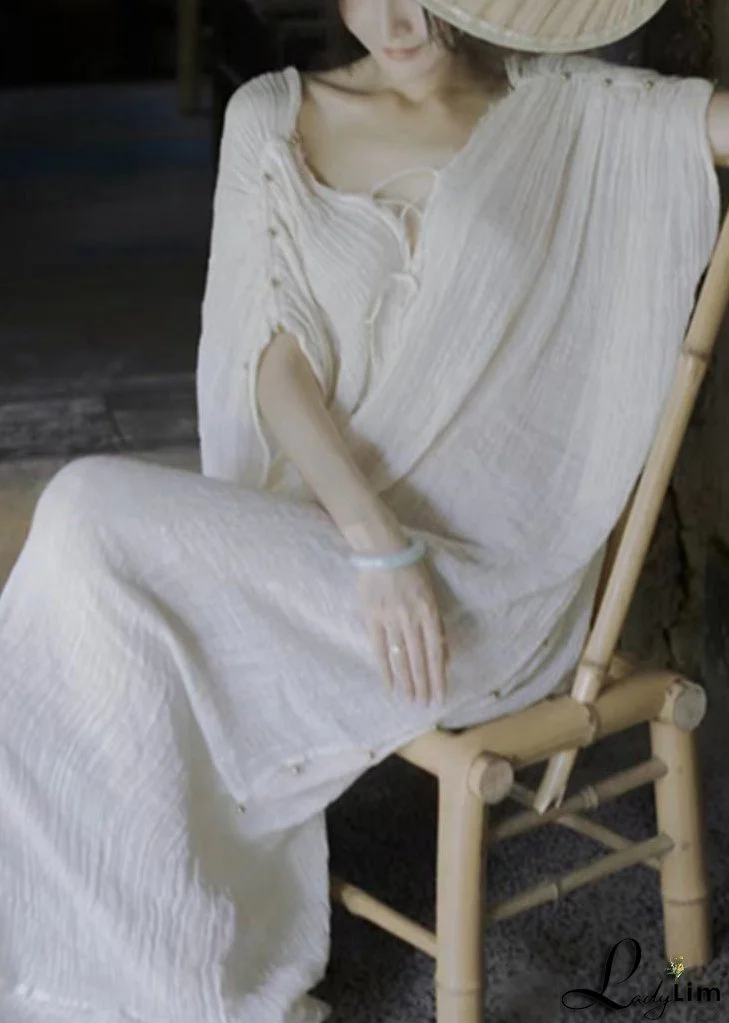 Elegant White V Neck Lace Up Cotton Maxi Dresses Summer