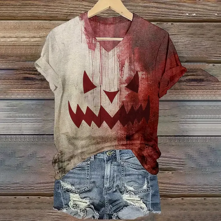 Women's Vintage Bloody Pumpkin Face Halloween Art Printed Short Sleeve T-shirt
