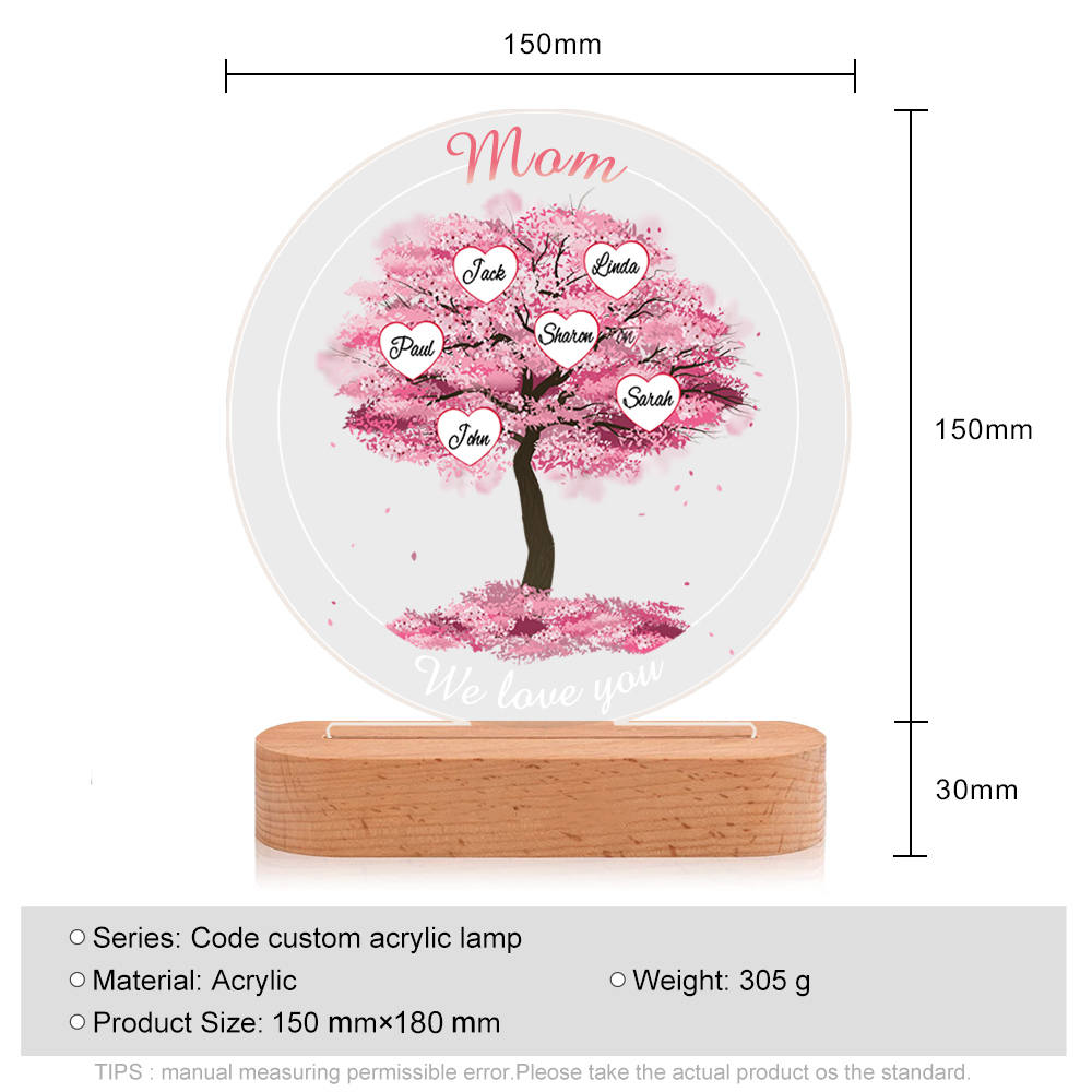 6 Names - Personalised Acrylic Night Light Custom 2 Texts Pink Family Tree LED Lamp Gifts for Mother/Grandma-Jessemade AU