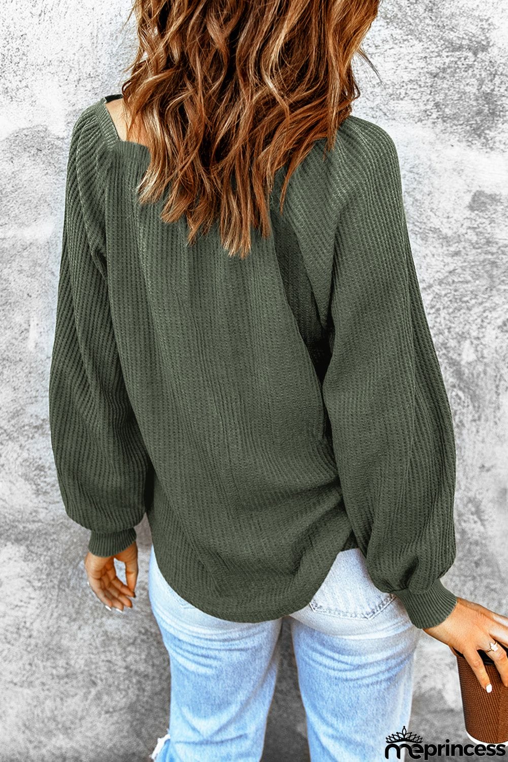 Scoop Neck Puff Sleeve Waffle Knit Top