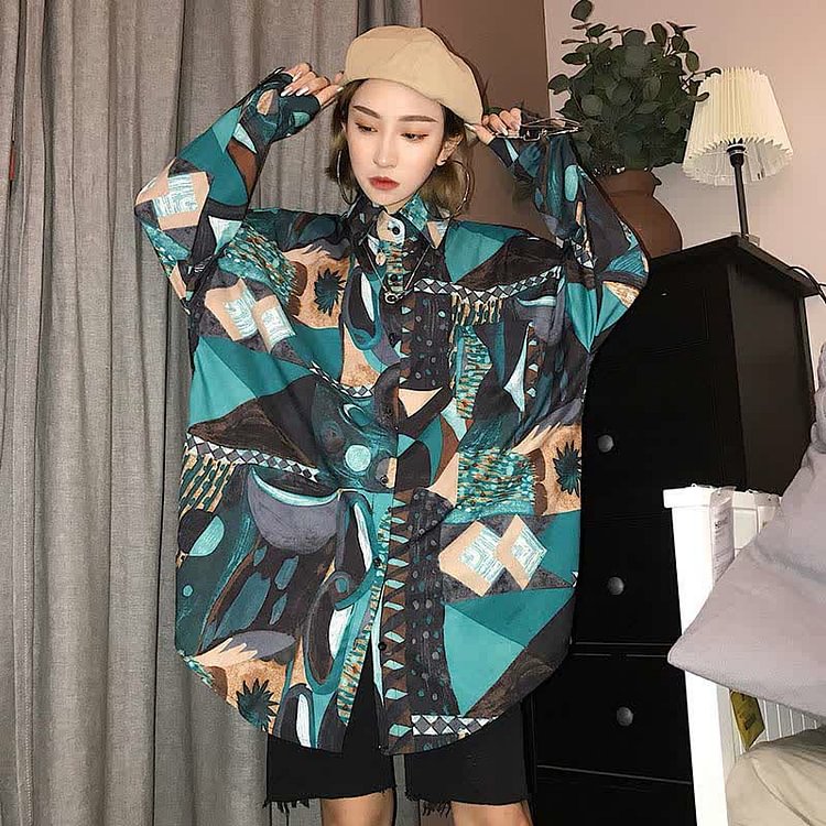 Vintage Figure Print Long Shirt - Modakawa Modakawa