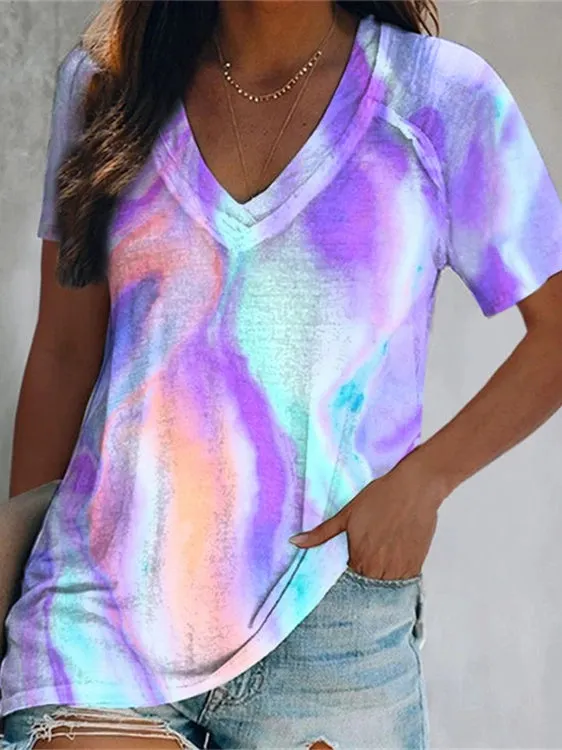 Women's Floral Printed Short Sleeve V-neck T-shirt Top