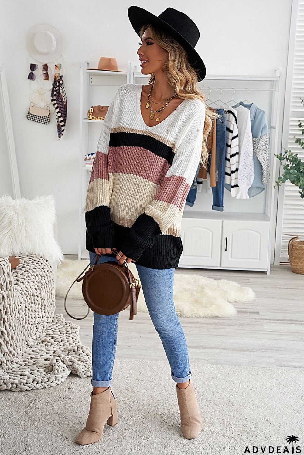 Khaki Colorblock V Neck Ribbed Knitted Sweater