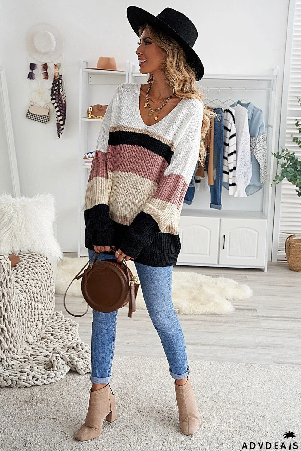 Khaki Colorblock V Neck Ribbed Knitted Sweater
