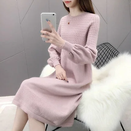 Large Size Loose Solid Casual O-Neck A-Line Autumn Winter Sweater Dress Female Dress Sweater Bottoming Maternity Spring Dress