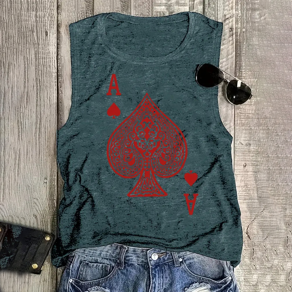 Teepublicz Women's Fashion Q of Hearts Pattern Printed Sleeveless Vest Simple White Sleeveless Tops Summer Breathable Women's Clothing