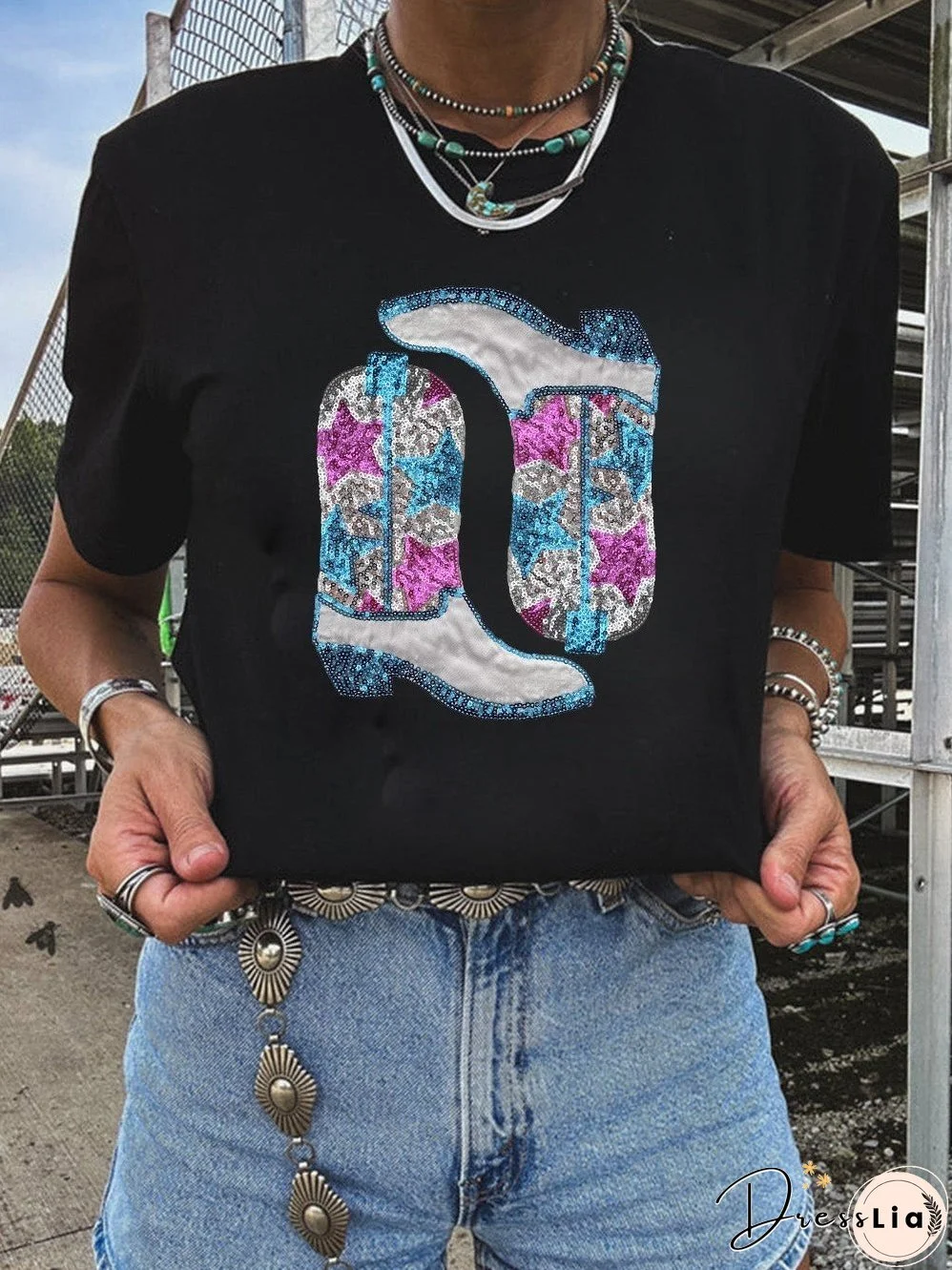 Sparkling Black Western Boots & Stars Tee