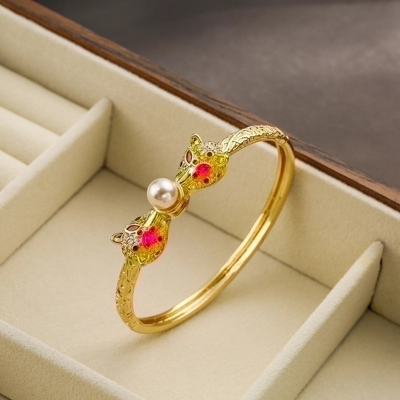2 Pieces Hip-hop Leopard Copper 18k Gold Plated Pearl Zircon Bangle In Bulk