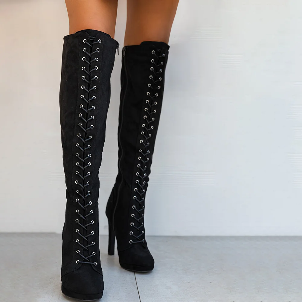 Black Lace Up Suede Knee Boots Stiletto Heels Boots Nicepairs
