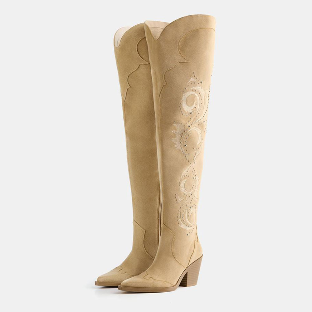 Beige Snip Toe Studded Embroidered Over-The-Knee Cowgirl Boots