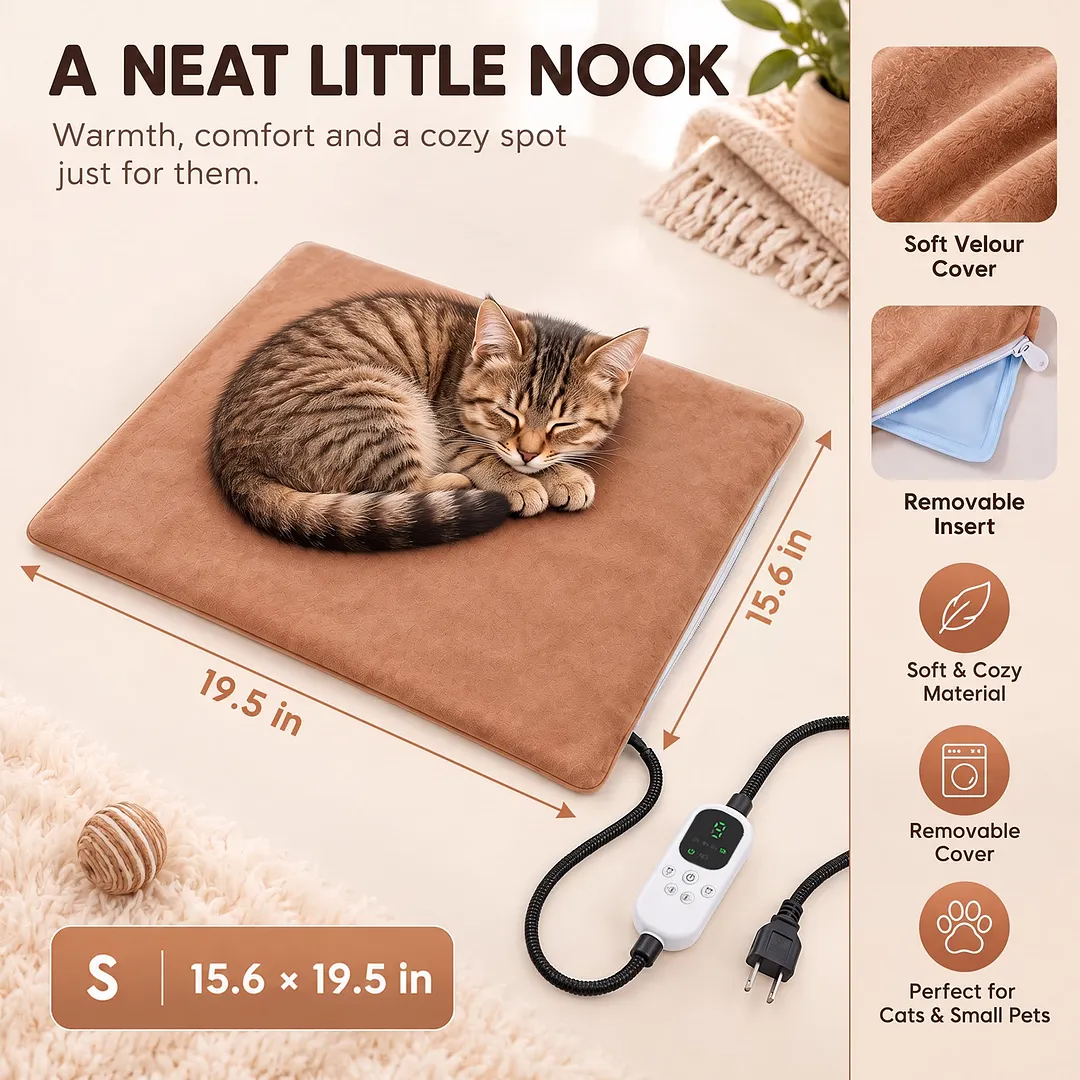 BEBANG Cat Heating Pad, 15.6" x 19.5", 9 Adjustable Temperature Settings, 2-12H Timer, Washable Cover for Indoor Use