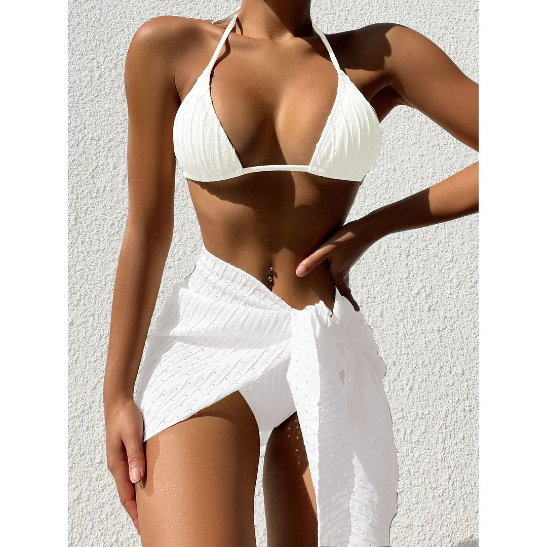 Wongn Wongn New Swimsuit Show Back Sexy Solid Color Bikini Gauze Skirt Bikini Three-Piece Set