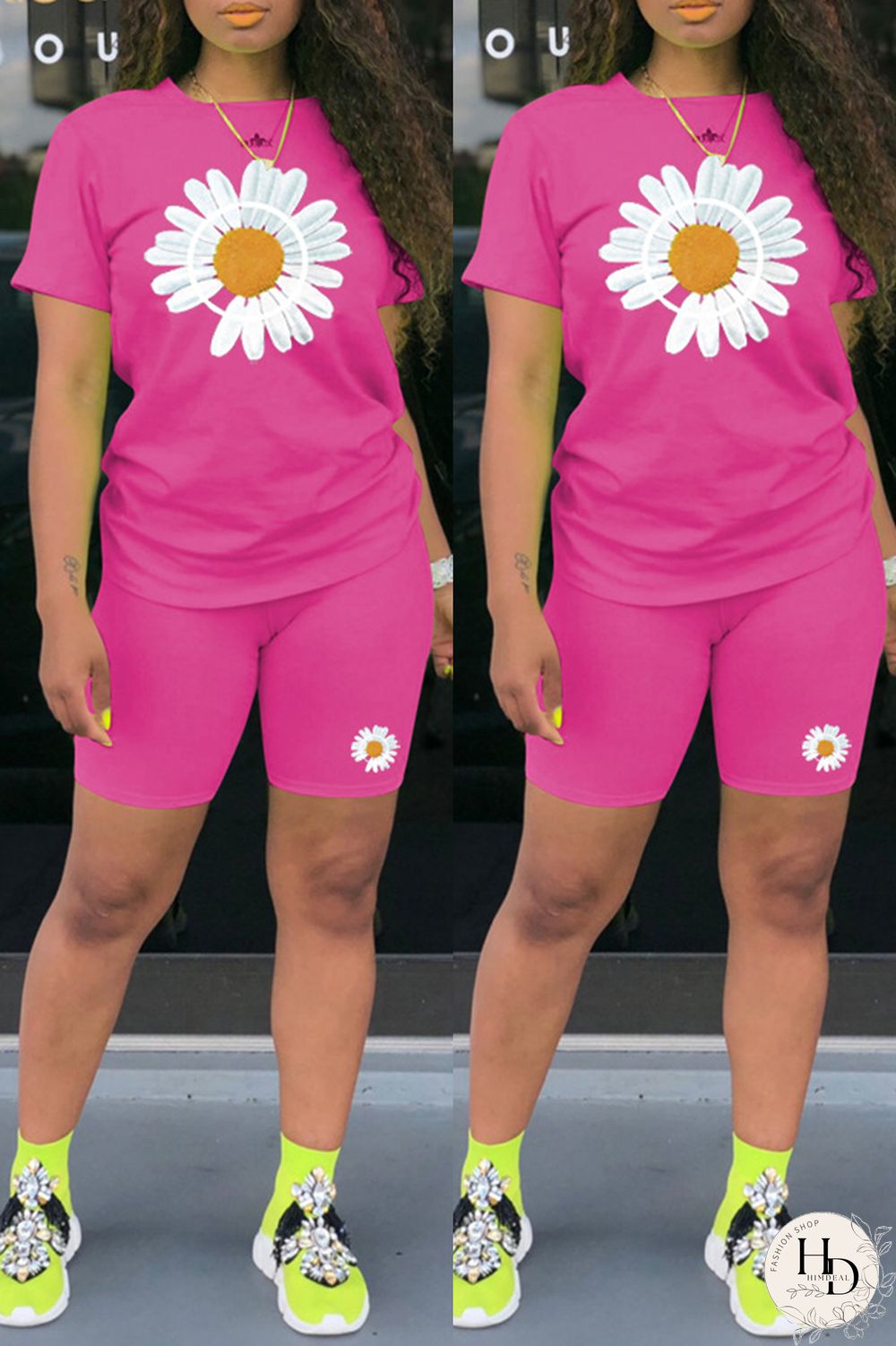 Black Fashion Casual Print Basic O Neck Short Sleeve Two Pieces