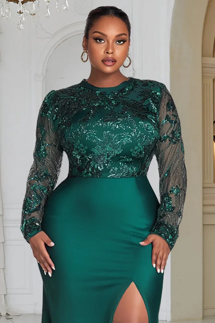 Xpluswear Design Plus Size Wedding Guest Green Round Neck Long Sleeve Split Elegant See Through Sequin Maxi Dresses [Pre-Order]