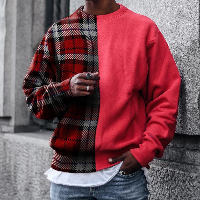 Street fashion plaid texture color block round neck sweater-barclient
