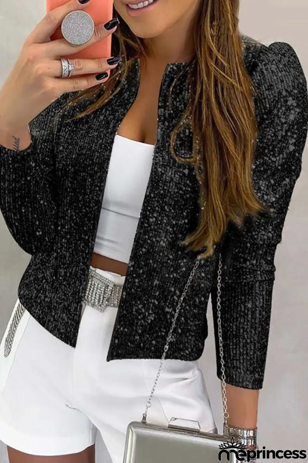 Champagne Fashion Solid Sequins Patchwork O Neck Outerwear