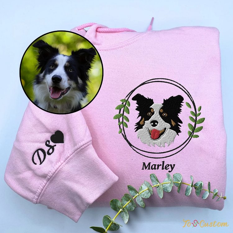 TOSCUSTOM™ Custom Pet Embroidered Sweatshirt Personalized Dog Portrait with Floral Wreath