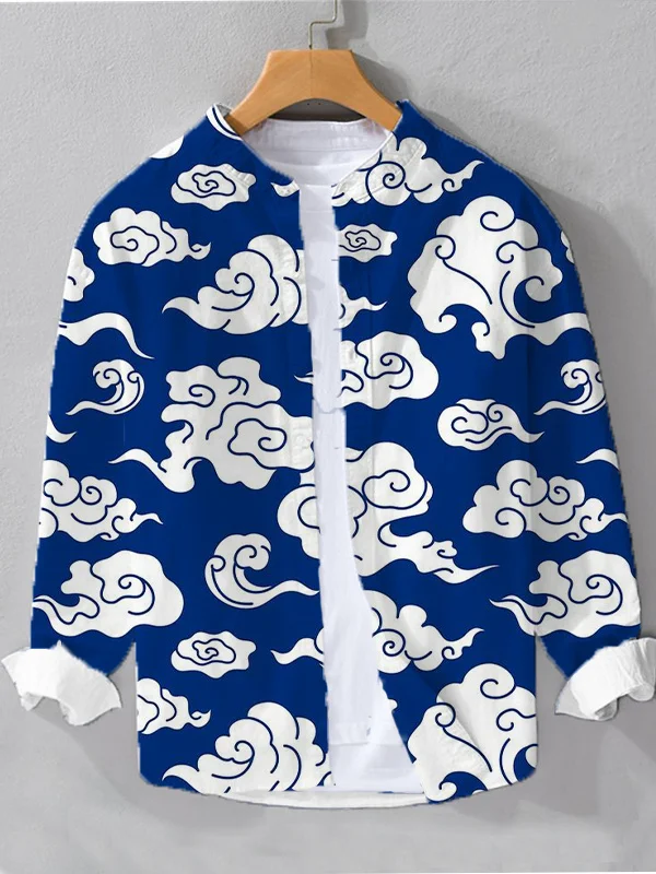 Men's Vintage Auspicious Clouds Pattern Long Sleeve Shirt
