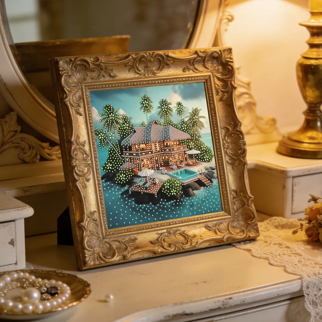 Tropical Beach Villa Special Shaped DIY Partial Drill Diamond Painting Kits for Adults Beginners Home Decor Diamonds Paintings Gem Art 30x30cm