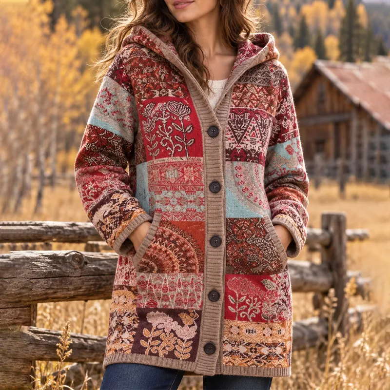 Comstylish Women's Retro Ethnic Pattern Colorblock Cardigan Sweater