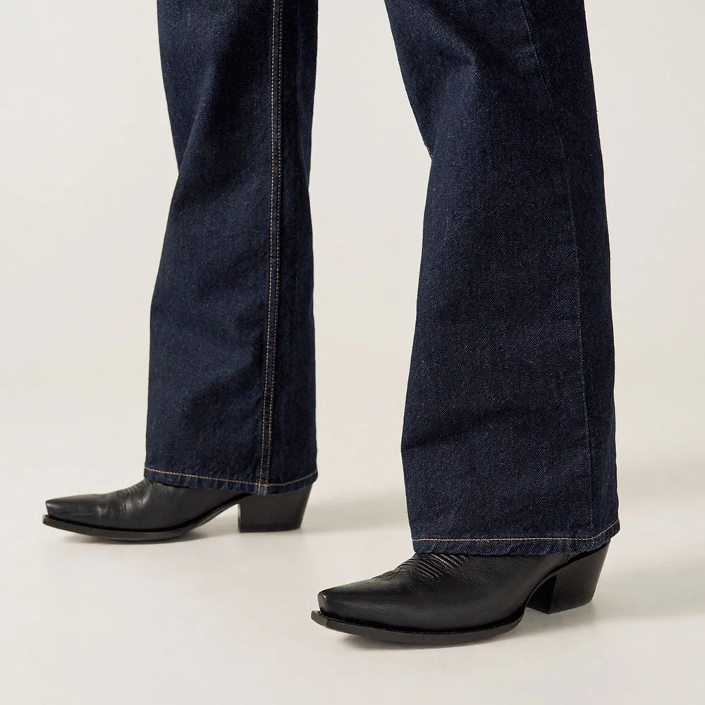 Women's Snip Toe Block Heel Black Embroidered Cowgirl Boots