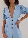 Deep V-Neck Short Sleeve Casual Solid Color Jumpsuit