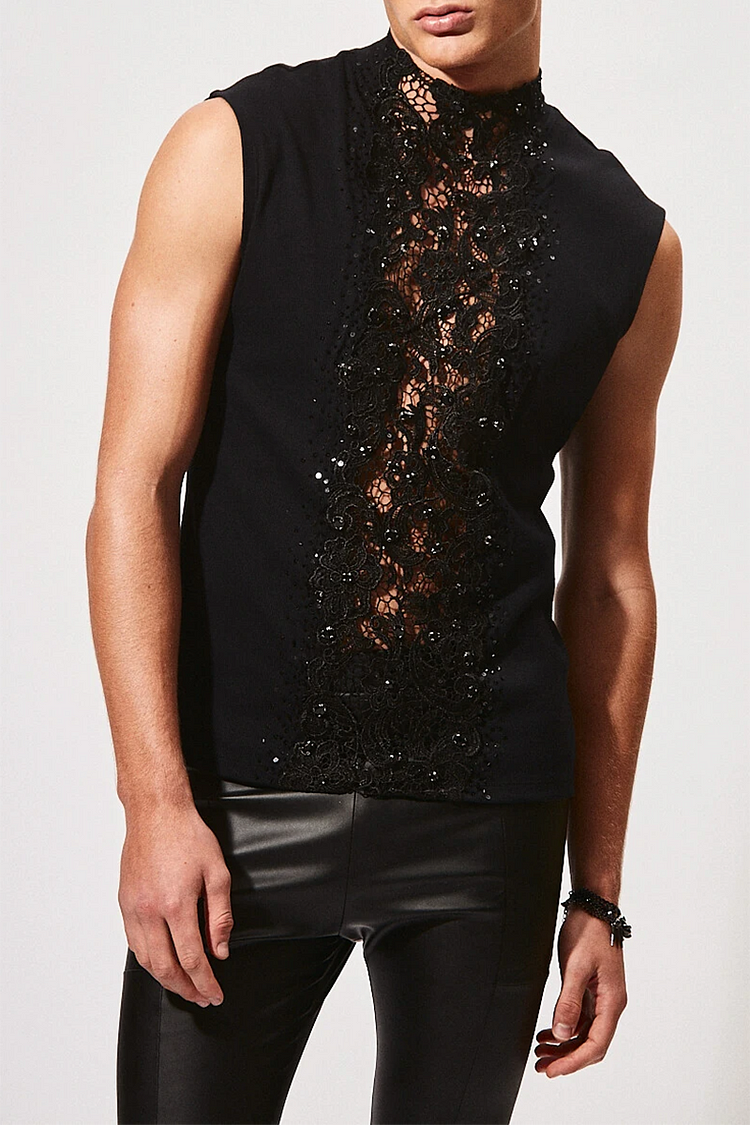 Lace Patchwork Stretchy Slim Fit Black Tank Top