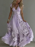 Women's Vintage Boho Floral Art  Short-sleeved Maxi Dress - Image 5