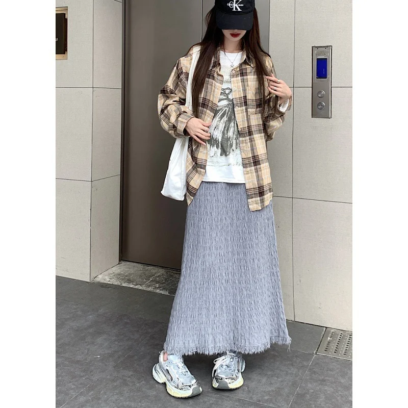 Toloer Toloer New Fashion Straight Tube Hem A Line Skirt Korean Pleated Pendant Feeling High Waist Versatile Knit Long Skirt-Outfit Ideas