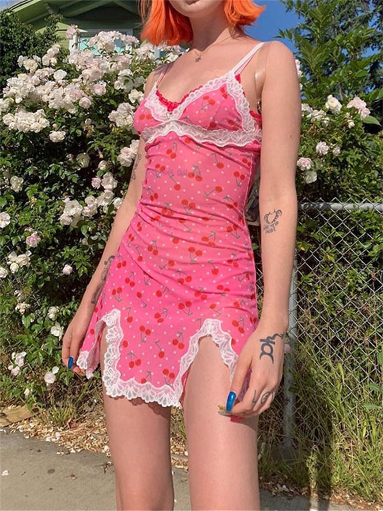 Artwishers Lovely Cherry Polka Dots Lace Hem Mini Dress